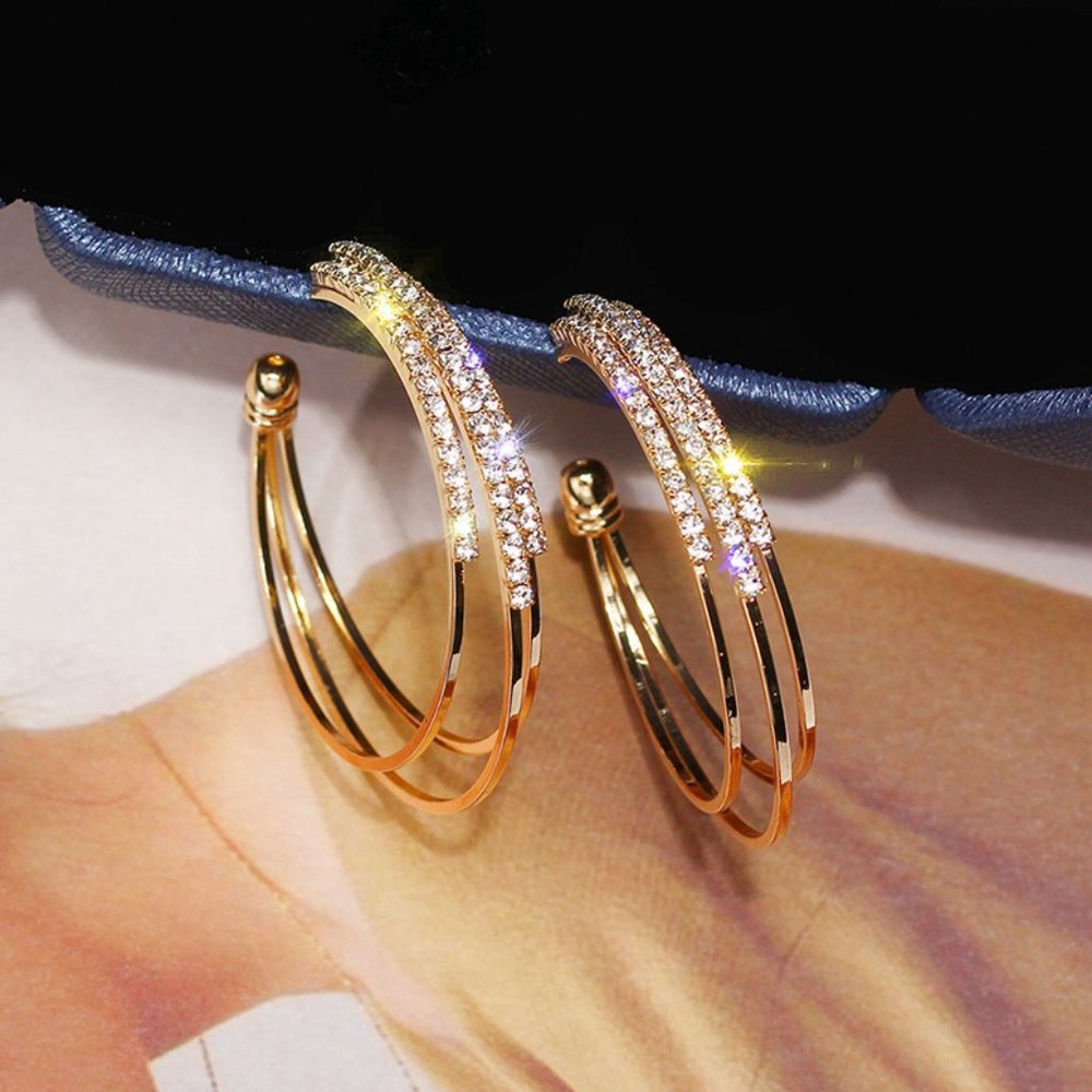 NEW 1.75'' Gold Round Diamond Triple Layer Hoop - Picture 6 of 8